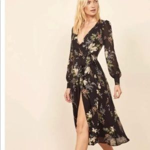 NWT Reformation Susanna Midi Wrap Dress Black/Cream Floral Long Sleeve Large